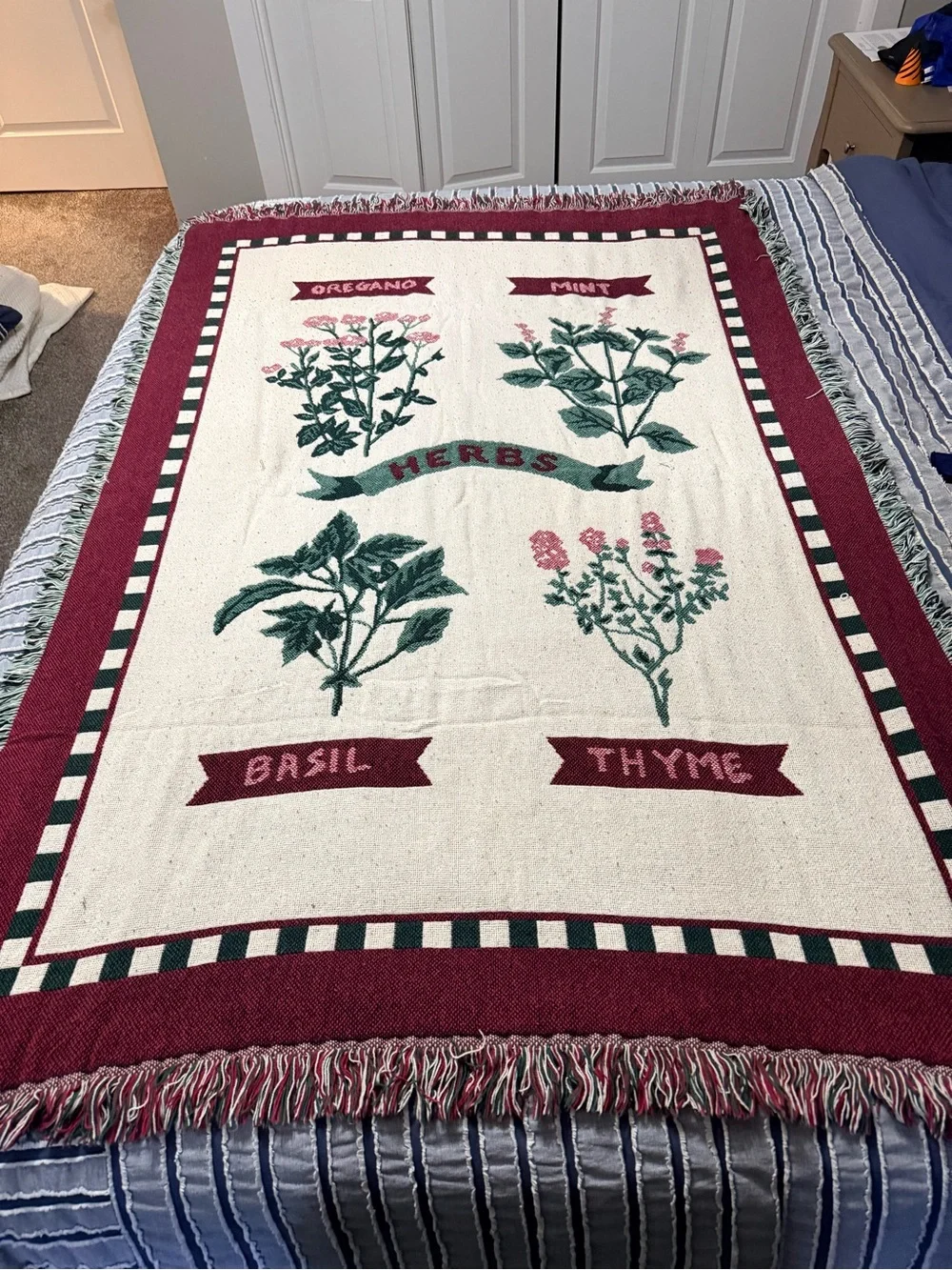 Botanical Herb Woven Tapestry Throw Blanket Burgundy Green Fringe Vintage